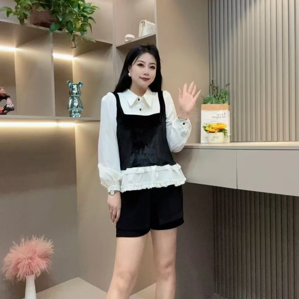 秋季上衣-甜 5103时尚潮流轻奢风拼接菲边显瘦款胖MM大码女装新款