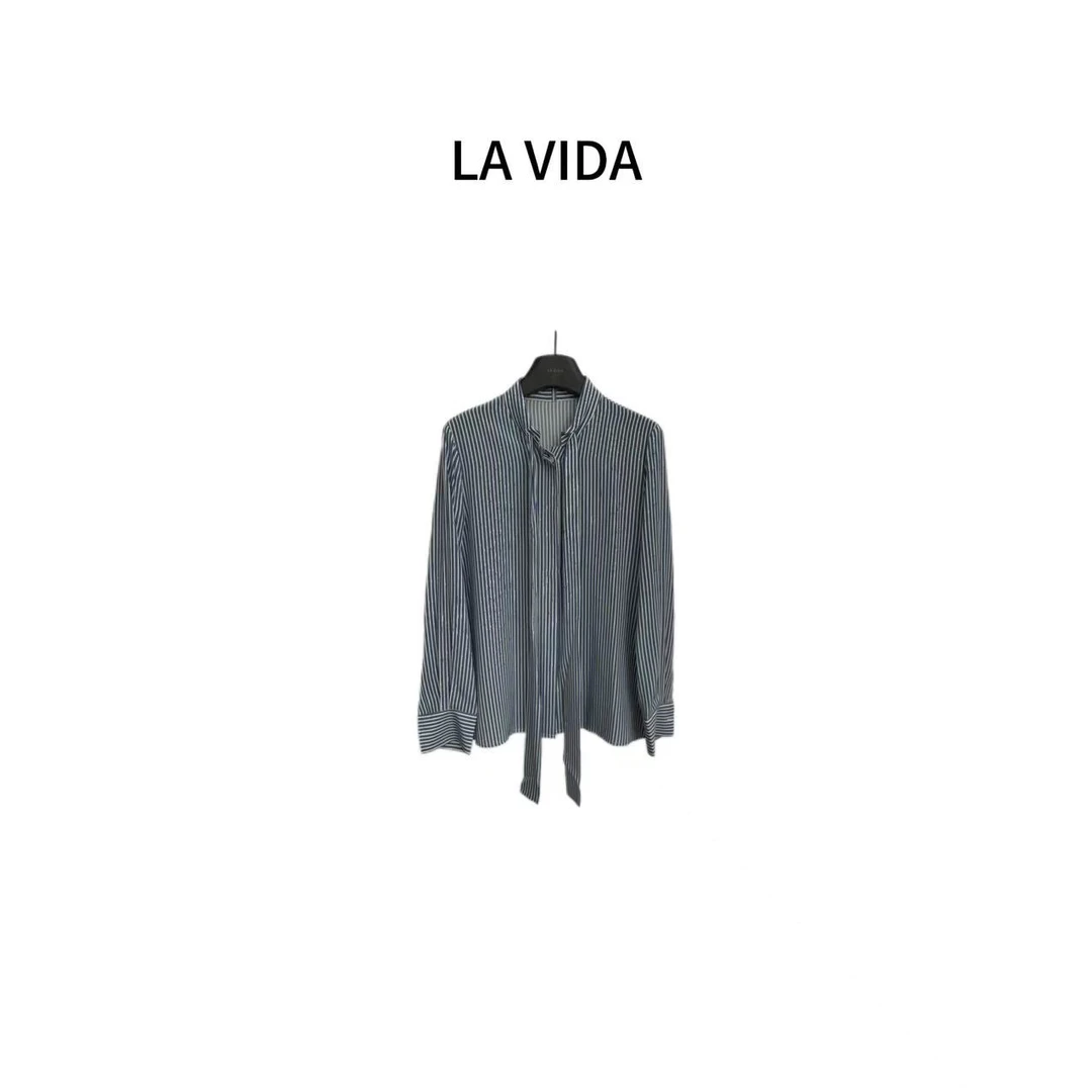 LA VIDA-「典雅气质」飘带蓝白条纹丝质衬衫
