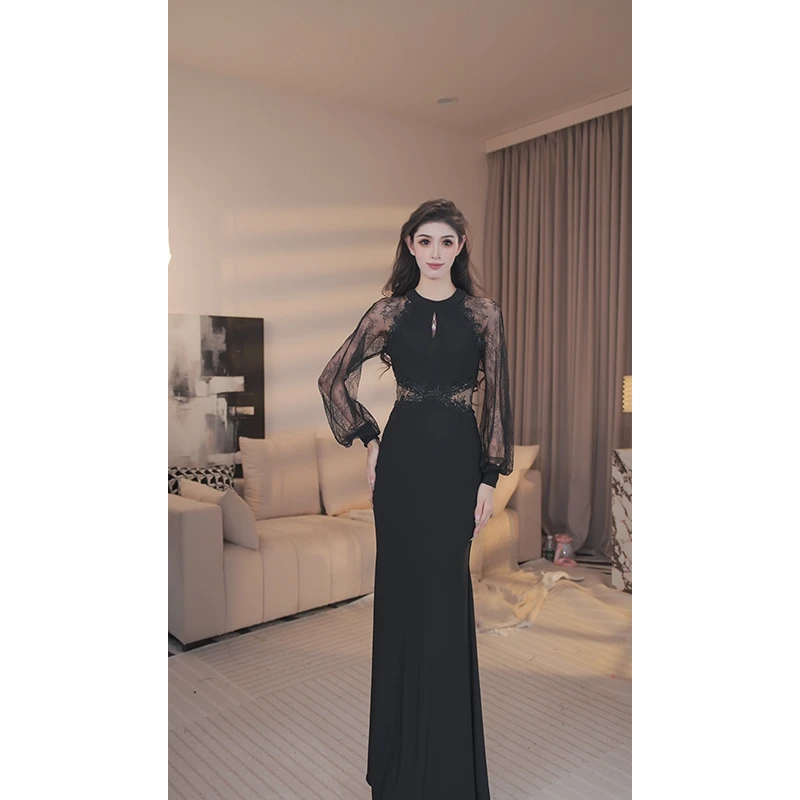 尤克菲儿 轻奢高定水晶麻拼接蕾丝气质优雅高腰连衣裙