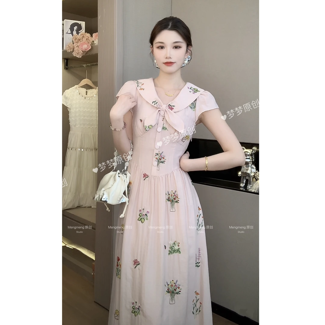 【梦梦&GERTC】粉屿 夏季短袖绣花法式气质显瘦连衣裙 GC252L1072