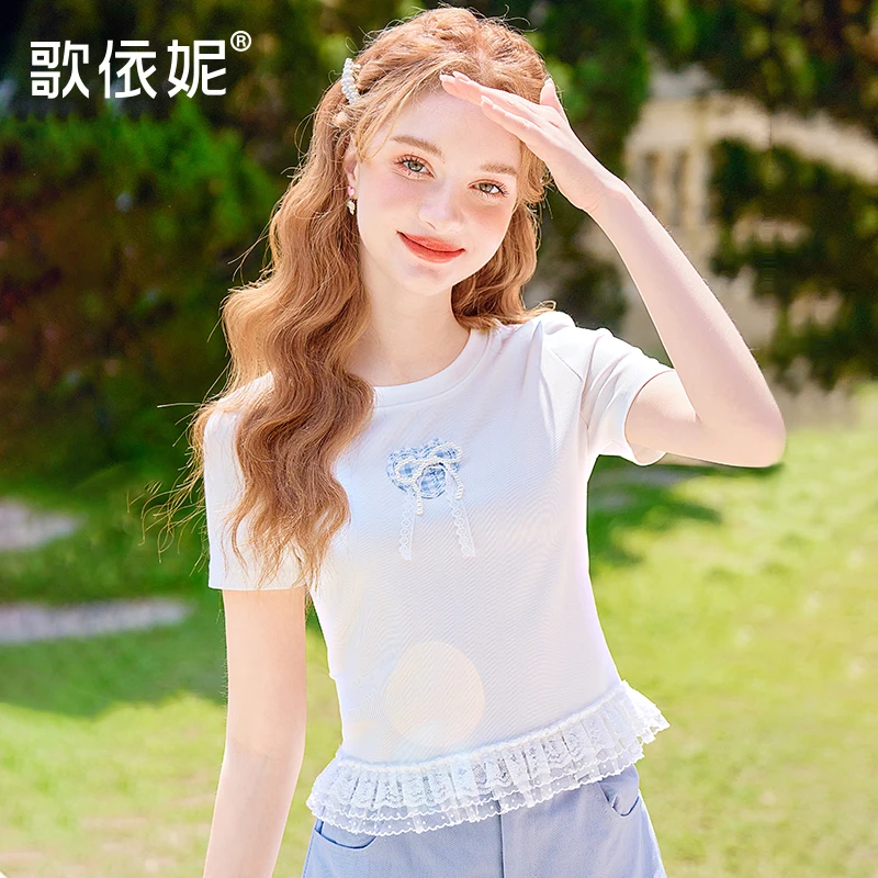 夏季新款女甜美白色短款蕾丝正肩小个子修身打底衫短袖T恤衫上衣