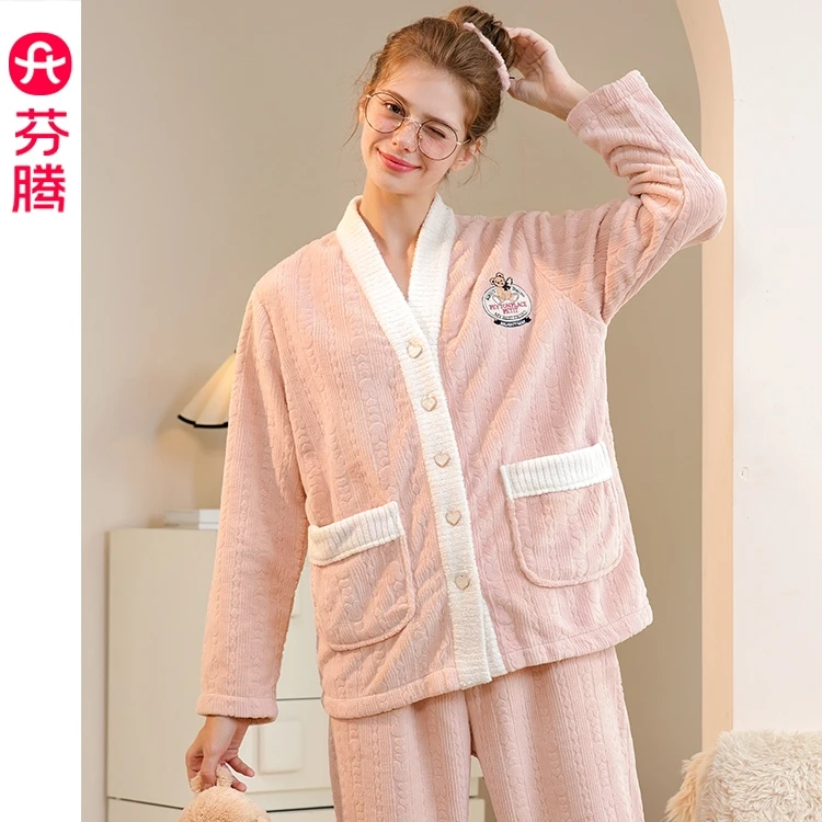 芬腾春秋珊瑚绒睡衣99-139小香风文艺范可外穿法兰绒清新甜美套装