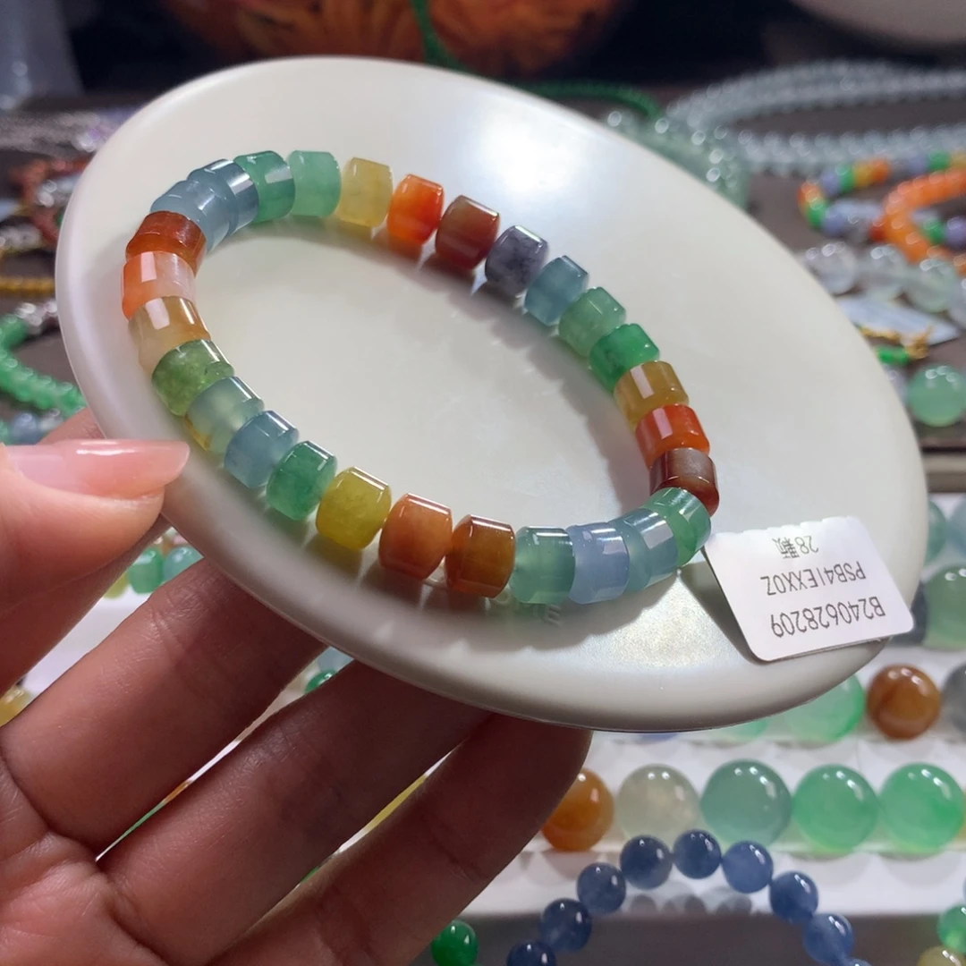 翡翠未镶嵌手链胶润浓艳彩虹桶珠卡7.5-8