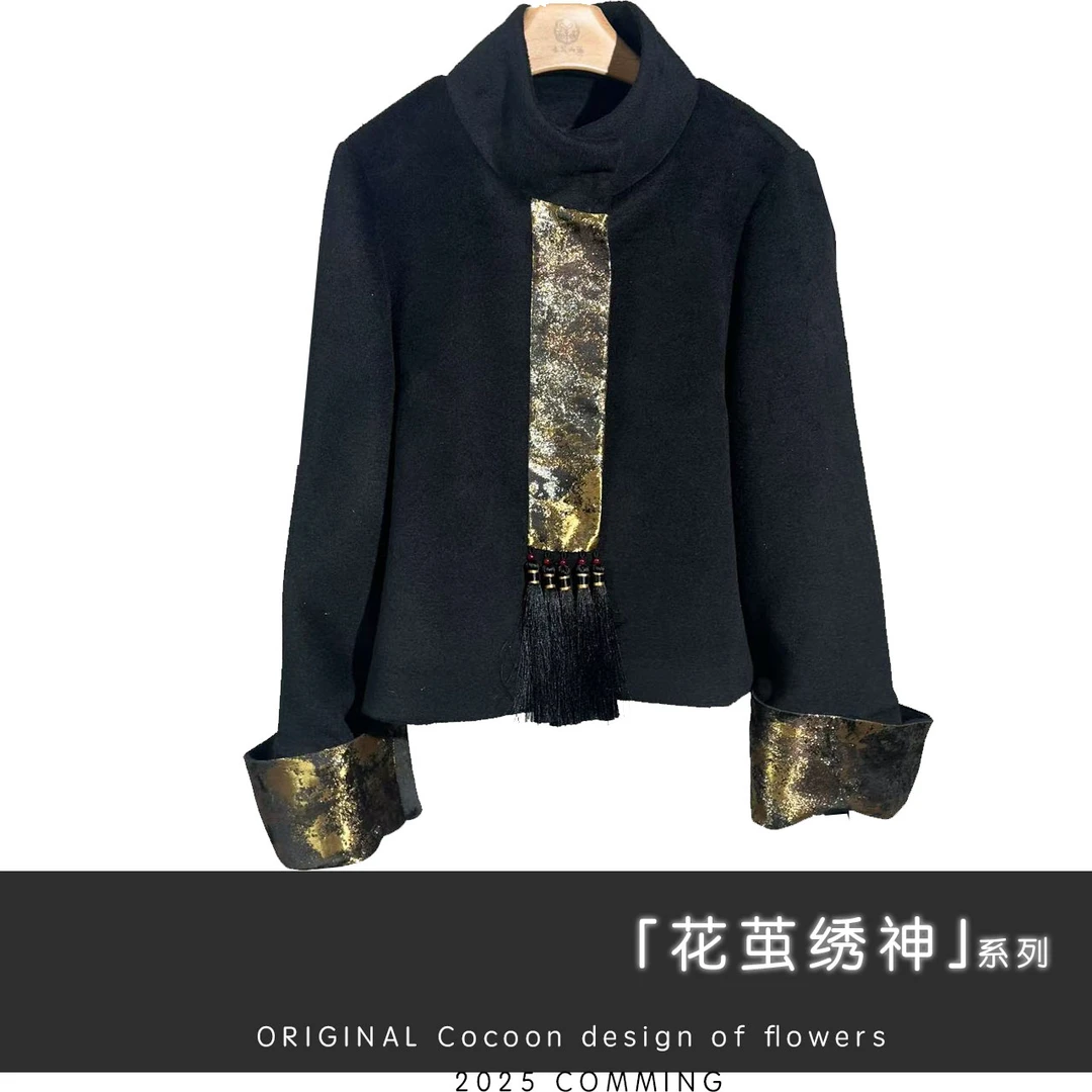 【大海轻奢】BF32876鎏金岁月流苏盘扣黑色毛呢短款外套