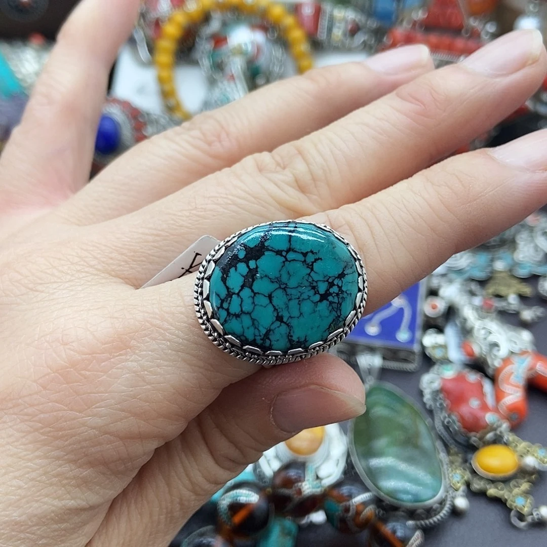 绿松石银S925镶嵌戒指坤尼泊尔手工制作