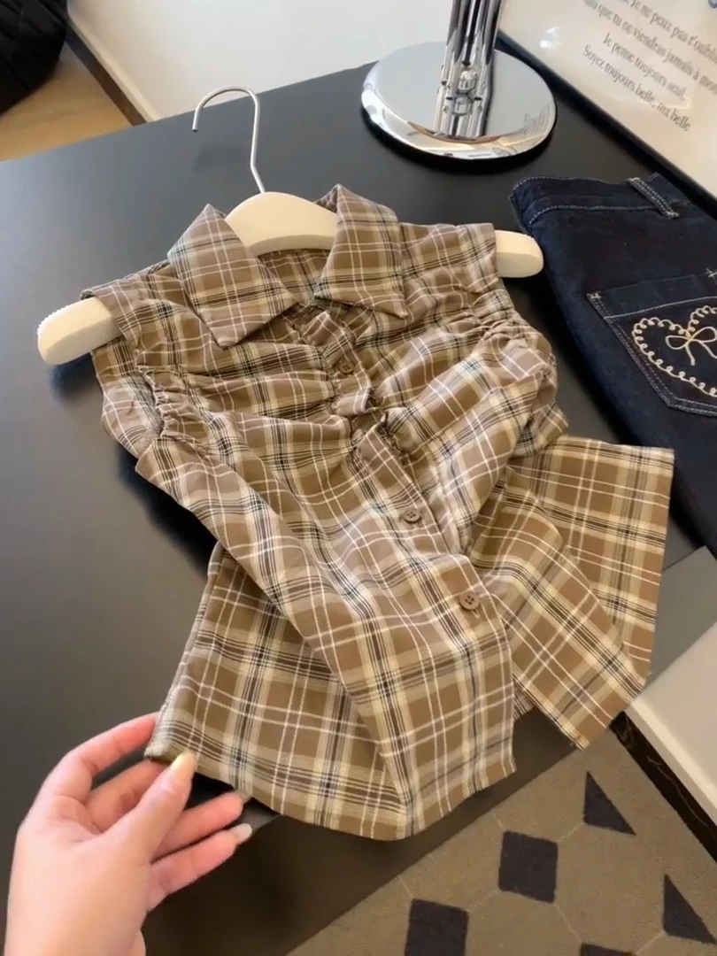 韩系温柔褶皱POLO领无袖背心2025夏季新款格纹小众百搭学院风上衣