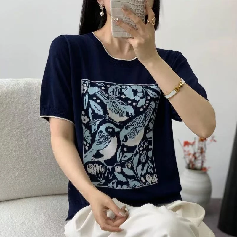 236【喜鹊提花 圆领 短袖】高级气质针织女衫