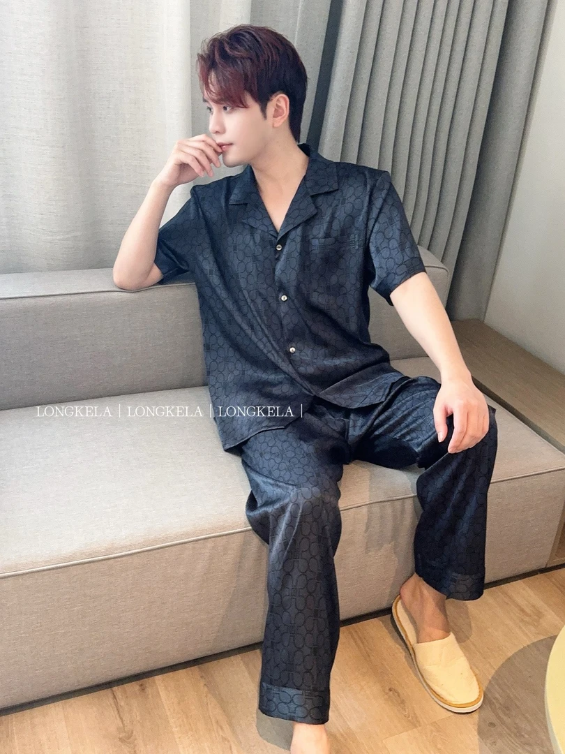 短袖长裤暗纹方形新款男士轻奢风长袖高级感宽松休闲家居服睡衣