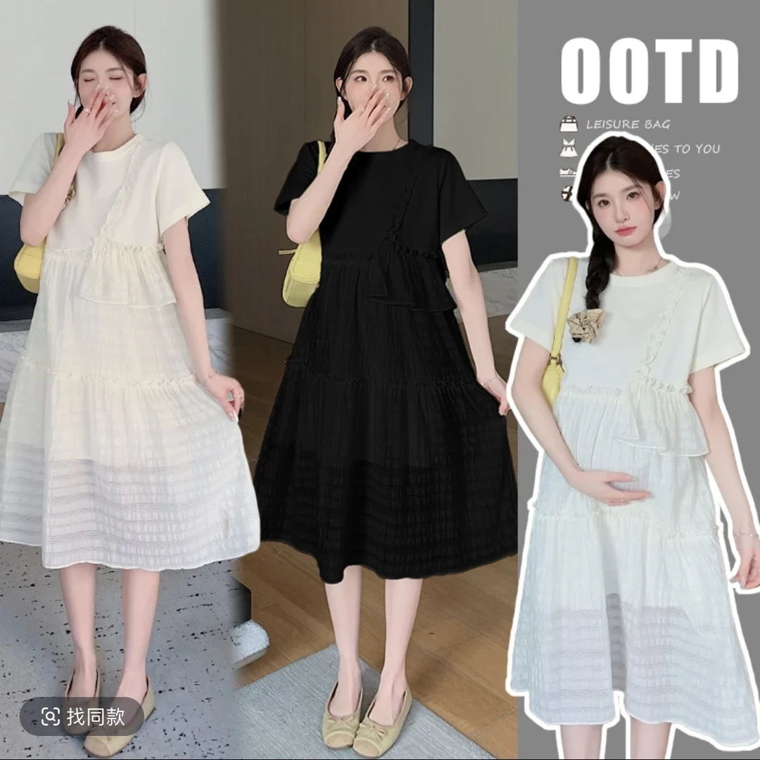 孕妇装2025夏季新款韩版时尚设计感小个子洋气宽松短袖孕妇连衣裙