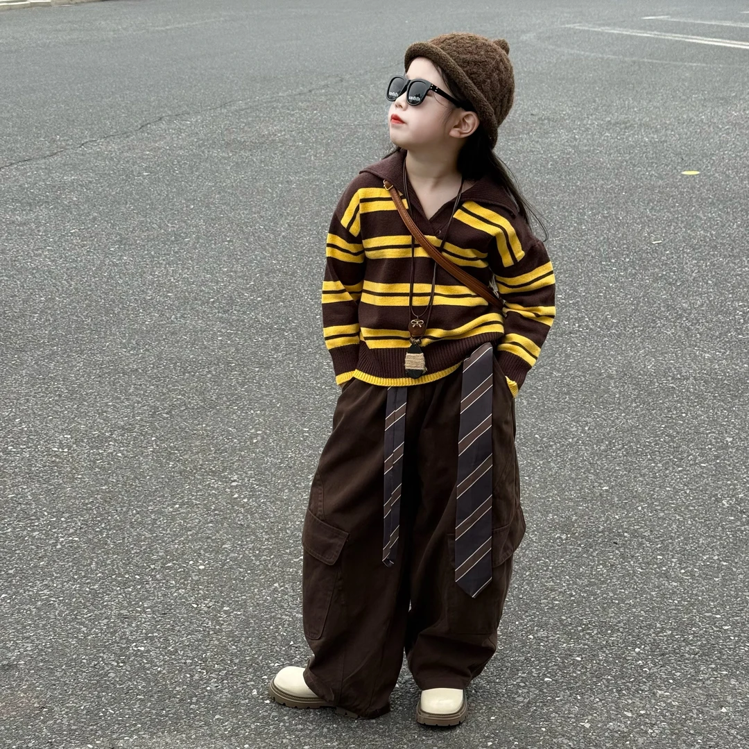 女童秋季韩版时尚条纹翻领毛衣针织衫中大童潮酷棉布工装裤弯刀裤