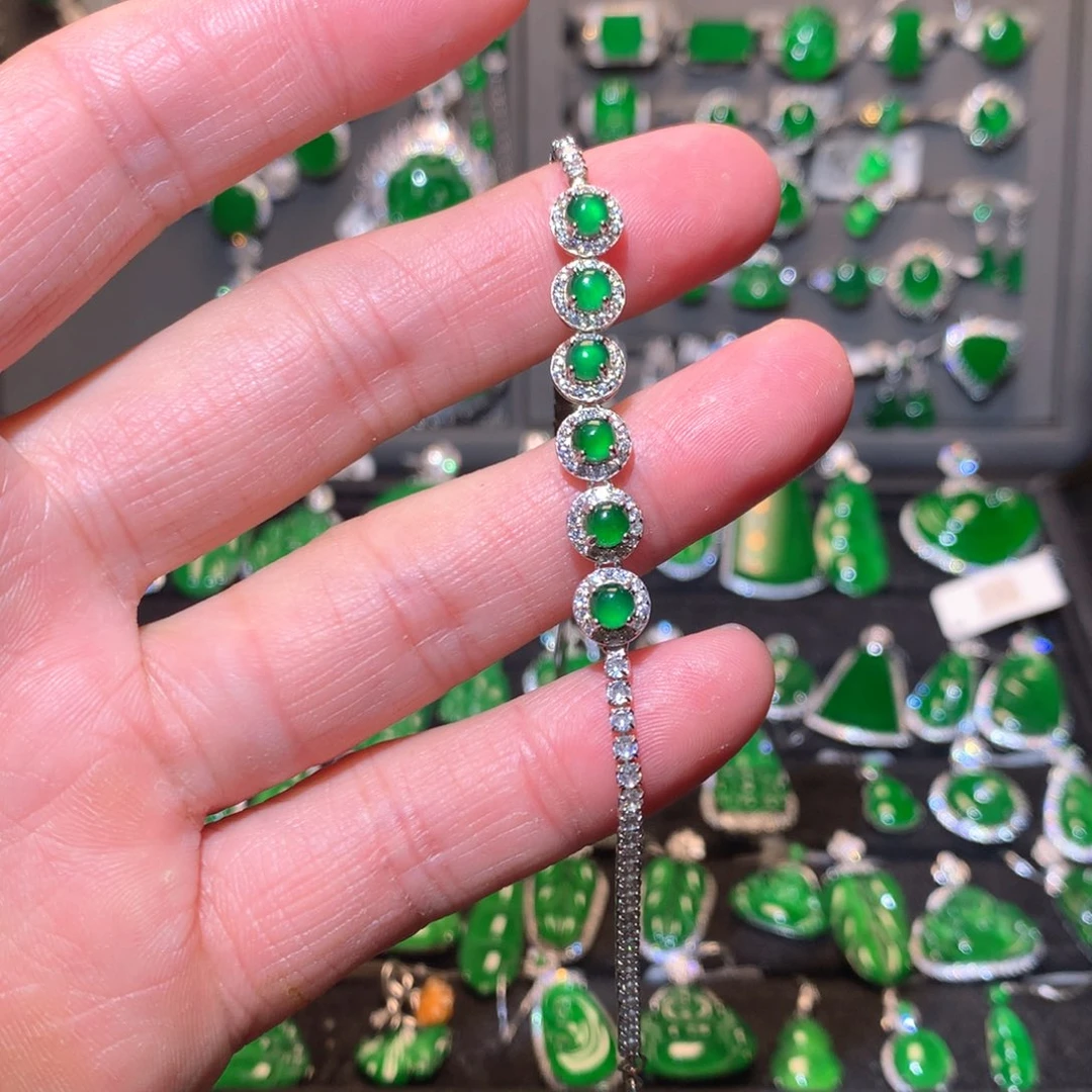 翡翠手链银S925镶嵌天然翡翠