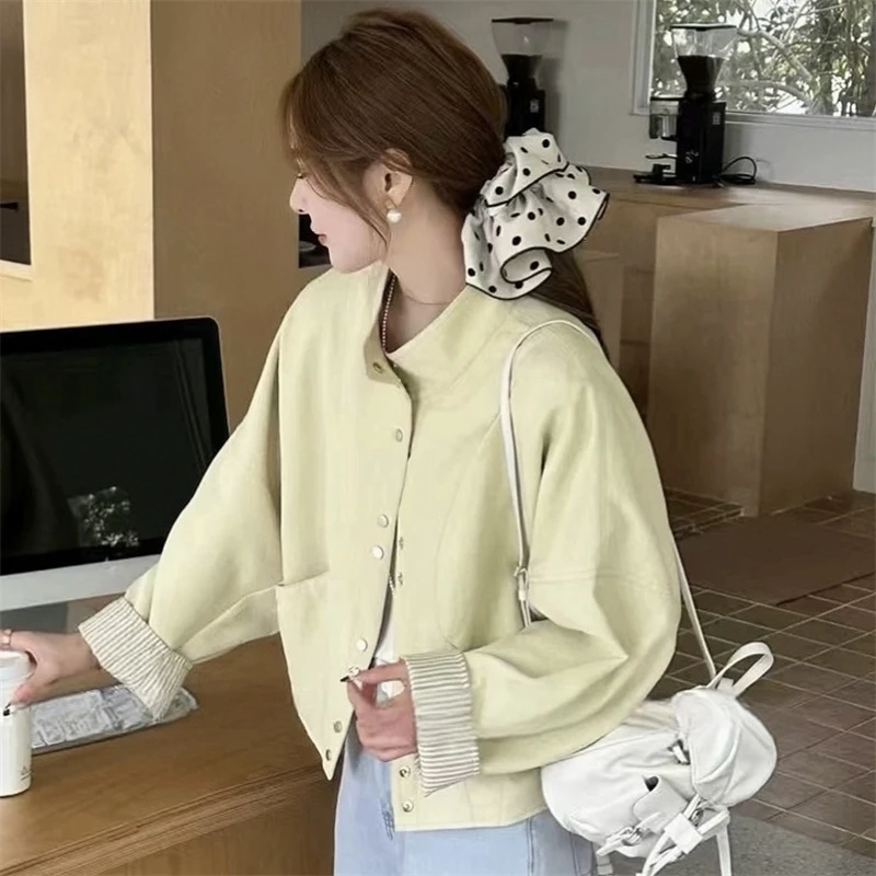 设计感袖口条纹拼接立领短外套女2025年春季新款休闲棒球服上衣潮