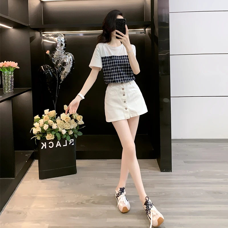 夏季短袖显瘦洋气格子拼接假两件T恤时尚减龄高腰显瘦白色半身裙
