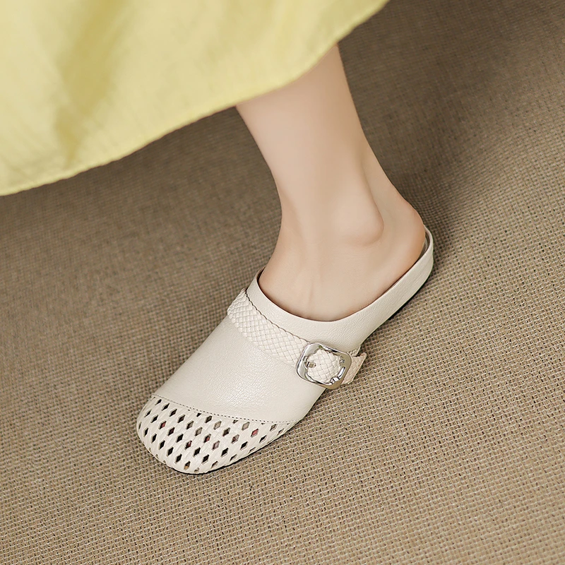 【工厂直销】3.5cm,夏季镂空包头凉拖鞋女真皮百搭内增高软皮半拖