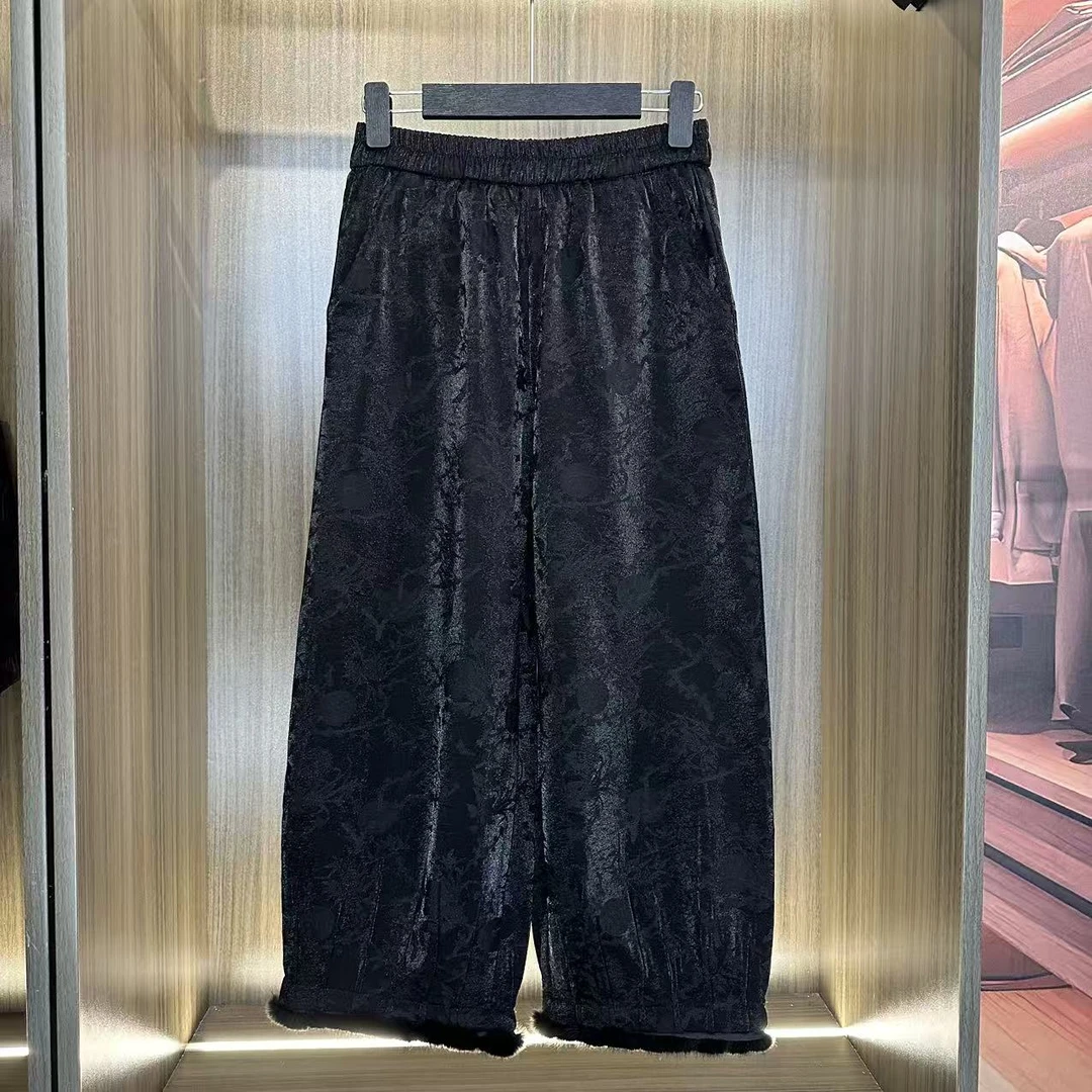 新款冬季花好月圆水貂毛直筒保暖透气休闲裤高腰松紧