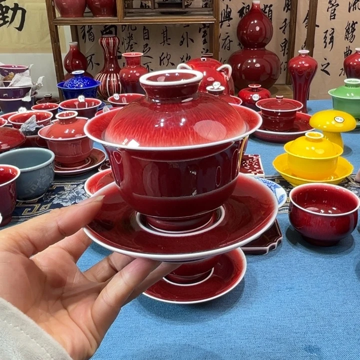 品***生景德镇陶瓷三才元宝盖碗