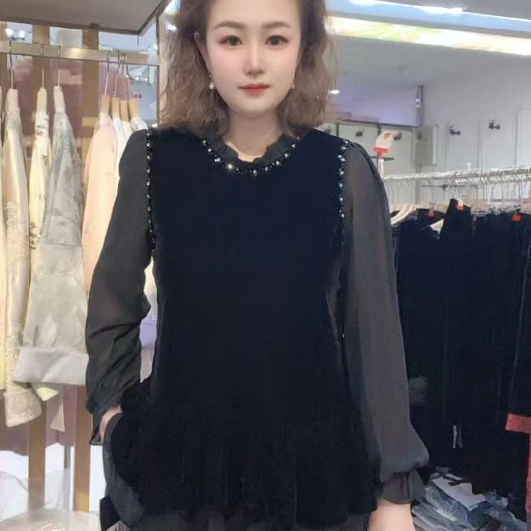 6013气质名媛风木耳花边钉钻拼接假两件秋冬新款衬衫