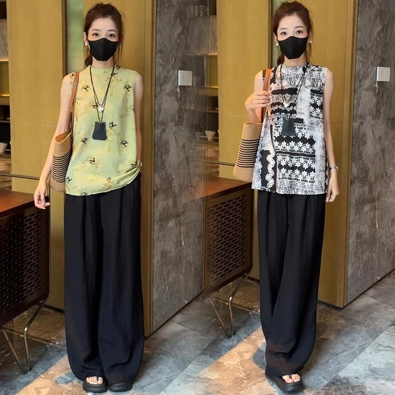 【赠运费险】夏季新款小唐人古风气质无袖上衣加高腰松紧裤裙两件套