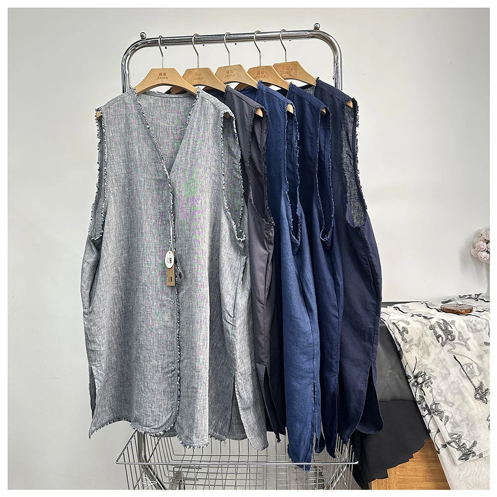 Q227  夏季新款女士时尚休闲宽松中长款毛边V领亚麻连衣裙女