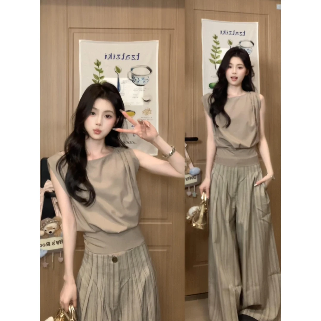 时尚简约通勤无袖收腰背心上衣女装夏季新款条纹休闲裤气质套装