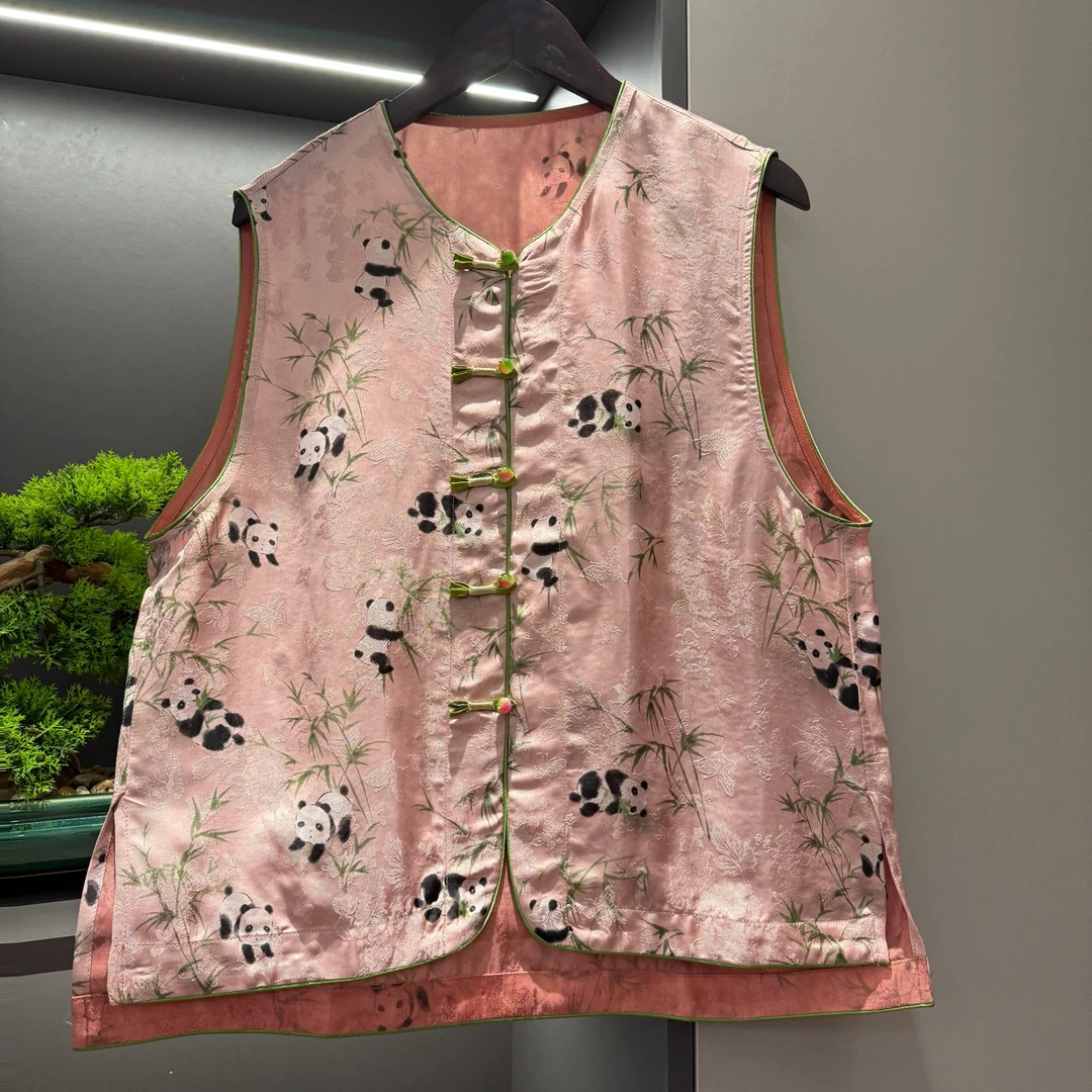 中式马夹复古盘扣传统改良熊猫花色女装气质宽松马甲3822