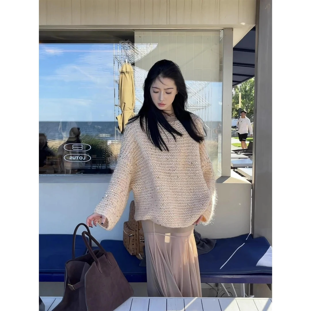 灰色亮片马海毛针织上衣女秋季法式覆古慵懒风中长版重工珠片毛衣