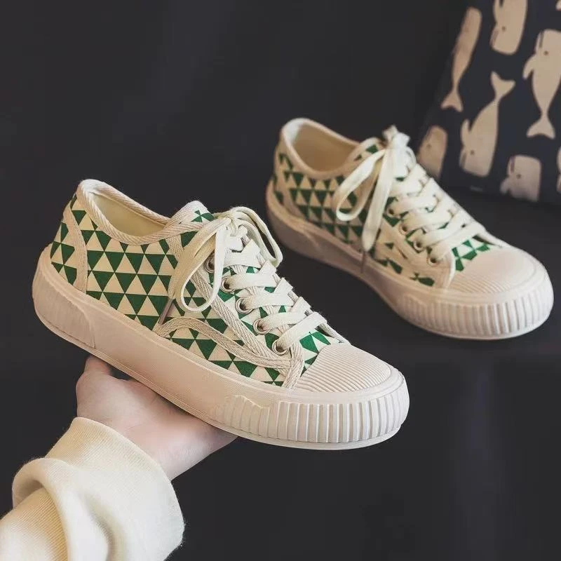 66692饼干鞋女新款休闲鞋夏季小众百搭透气厚底小白帆布格子鞋
