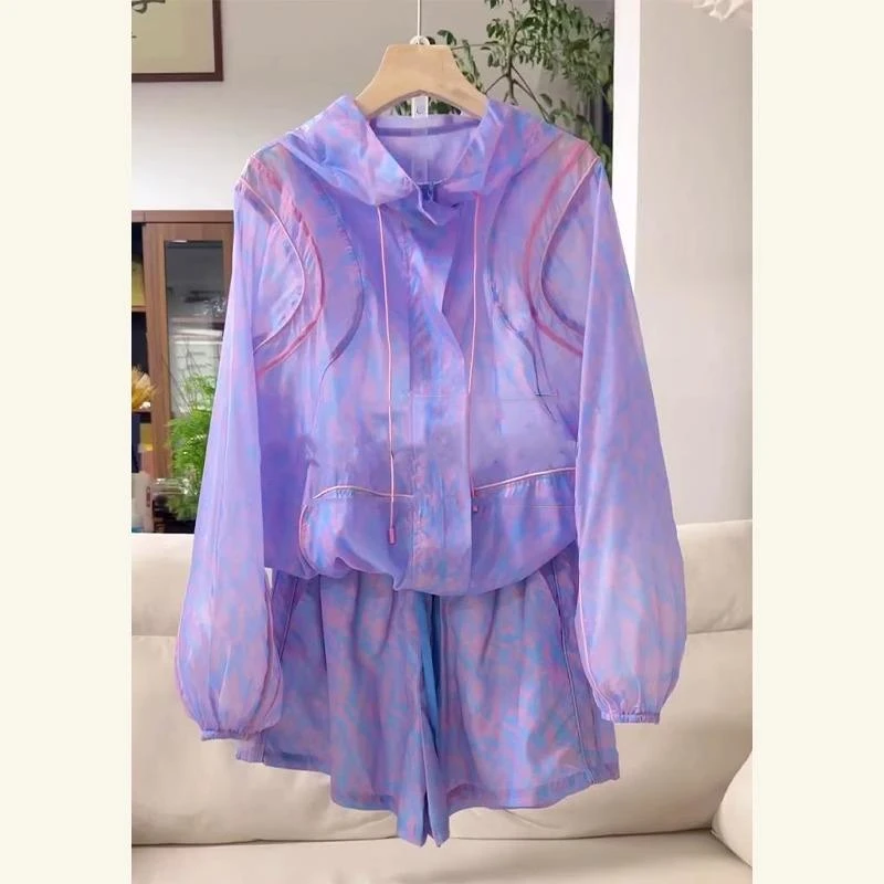 2025夏季新款女士时尚漂亮紫色防晒衣套装透气长袖外套短裤两件套