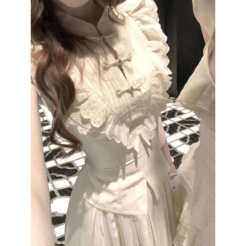 国风新中式夏季新款温柔气质收腰显瘦高级感花边蕾丝上衣长裙套装