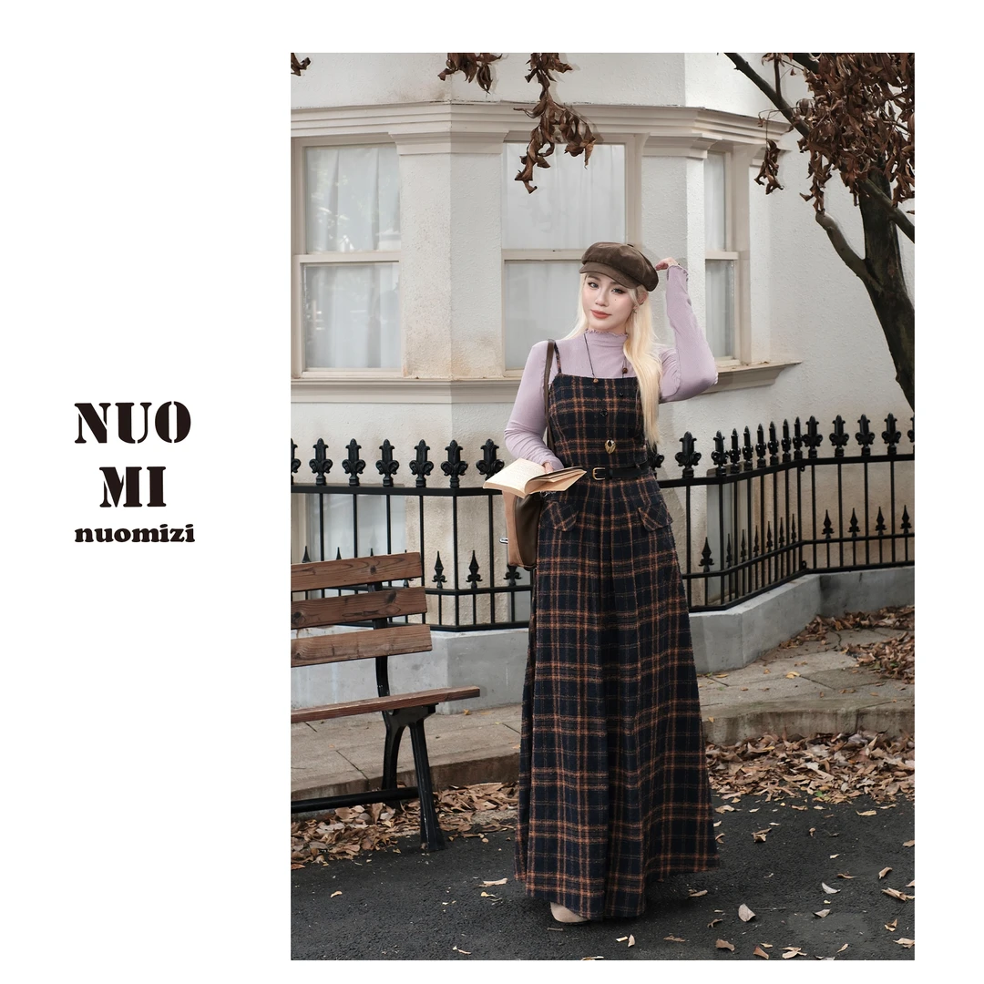 ZOZ糯米子[画廊女孩]吊带连衣裙复古格纹显瘦收腰温柔风秋季长裙