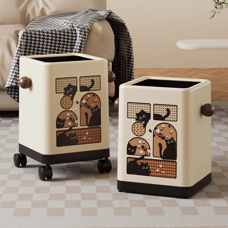 中古风猫咪垃圾桶家用大容量方形敞口可爱高颜值带滑轮卫生间纸篓
