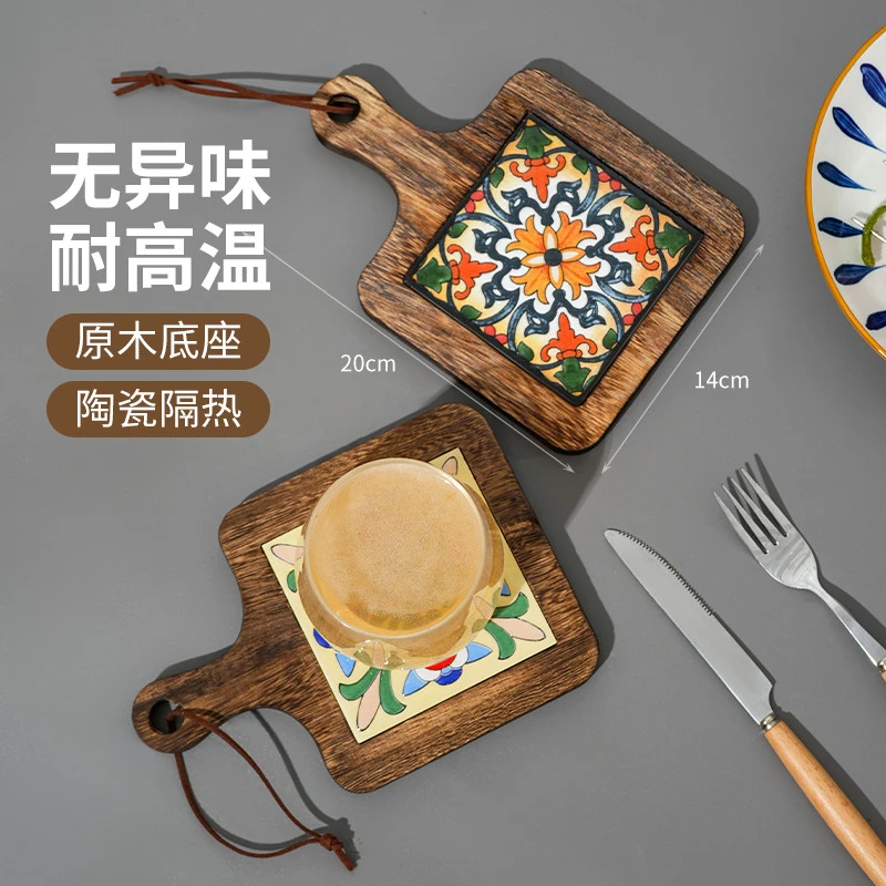 杯垫茶托隔热垫木质复古花砖纹防烫垫厨房家用砂锅汤锅耐高温餐垫