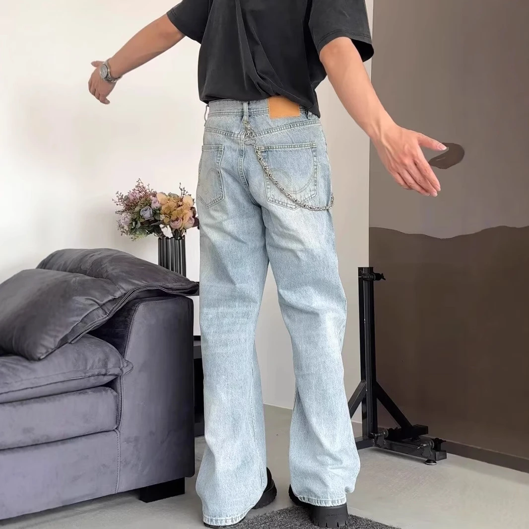 小个子男生牛仔裤高街百搭裤子浅蓝显高显长裤微喇男宽松vibe