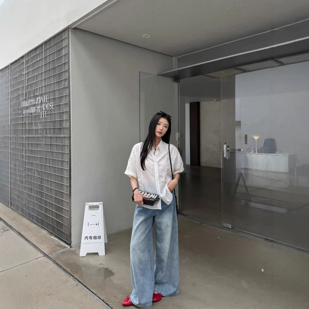 白色宽松短袖绑带设计感收腰衬衣夏季流行十三行女装