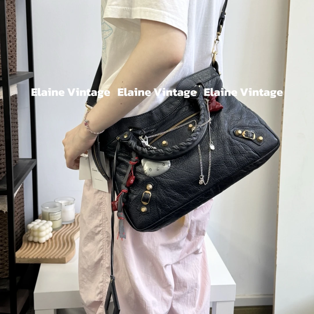 95新 Balenciaga/巴黎世家 深蓝色金菠萝扣town机车包34cm/Y693