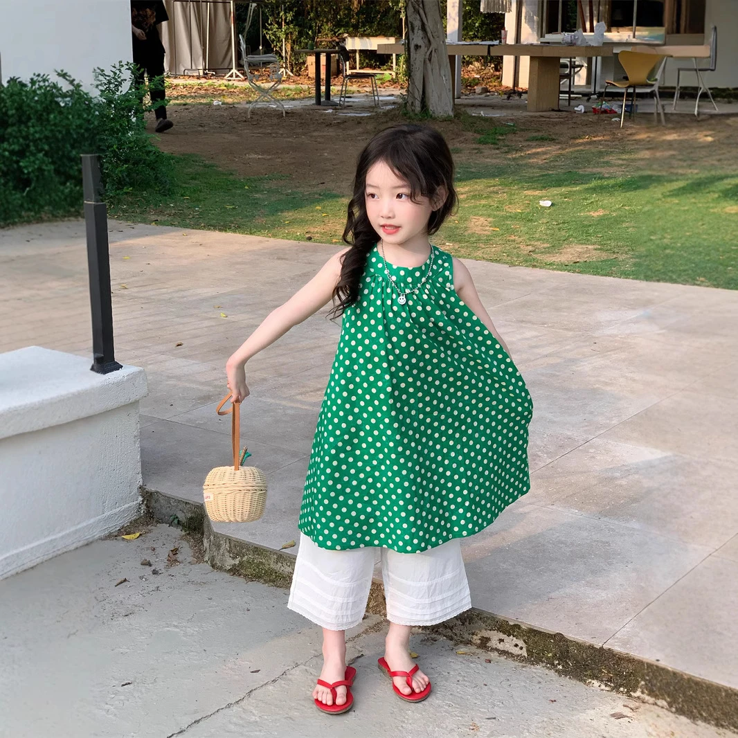 《小思家》女童2025夏季休闲百搭五一出游圆点背心裙花边休闲裤套装