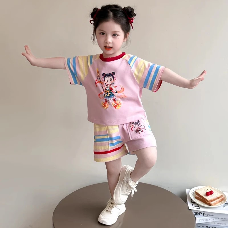 哪吒女童夏季短袖套装2025新款儿童短裤运动两件套女宝宝薄款衣服