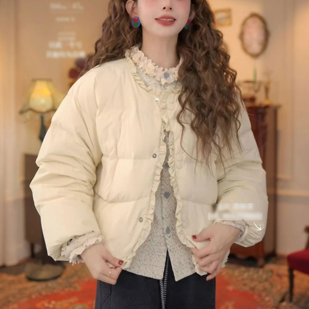 复古纯色木耳边拼接棉服女2025冬季新款气质百搭减龄夹棉保暖外套