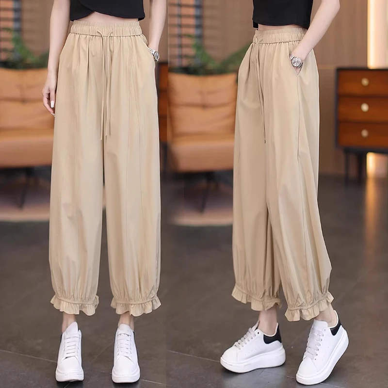 卡其色木耳边阔腿裤2025夏季新款百搭花边灯笼裤小个子防晒九分裤