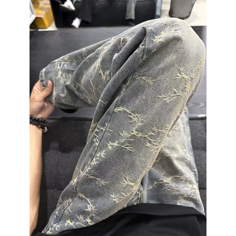 cleanfit荆棘提花牛仔裤男款美式高街vibe裤子显瘦直筒修身微喇裤