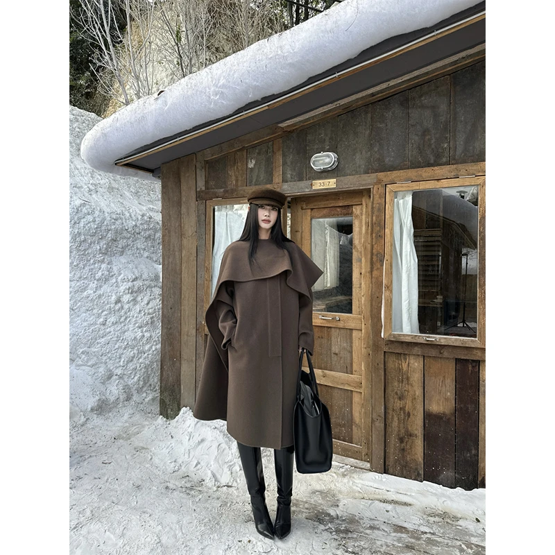 VENUIE【梧叶秋声】高级中长款宽松慵懒风双面大衣毛呢披肩7XD15