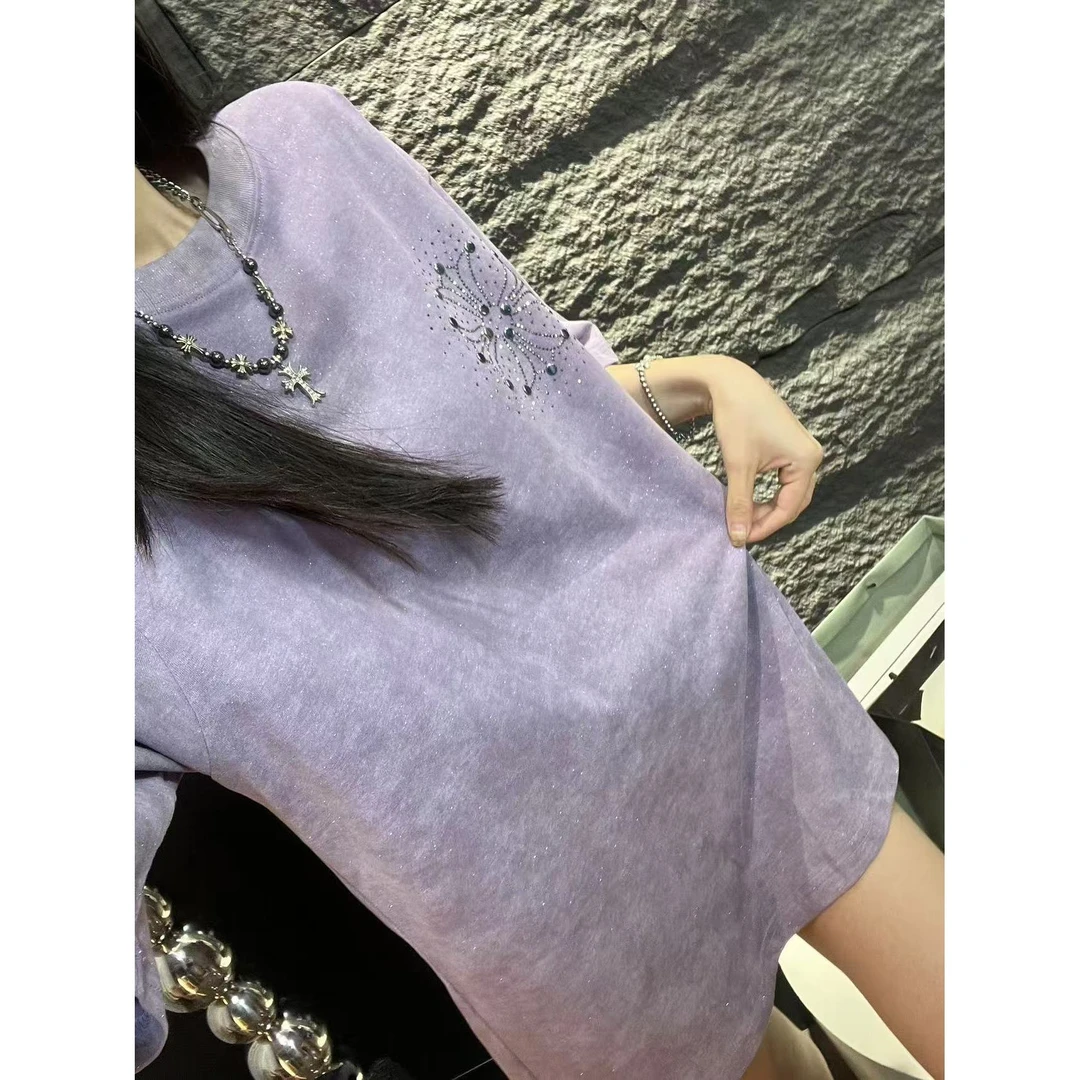 【清仓】春夏新款散粉满天星兰花紫烫钻短袖T恤情侣款上衣