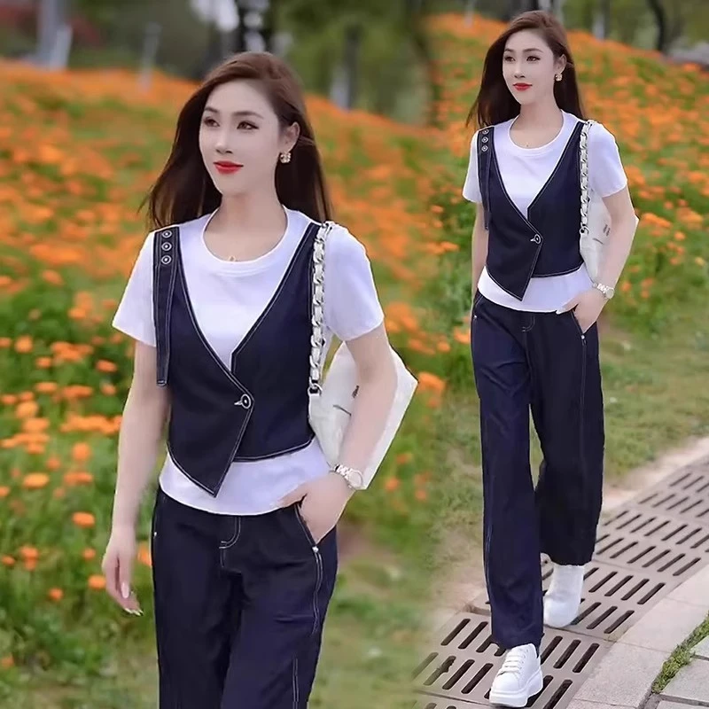 时尚牛仔套装女夏季2025新款超火夏装穿搭一整套短袖阔腿裤两件套