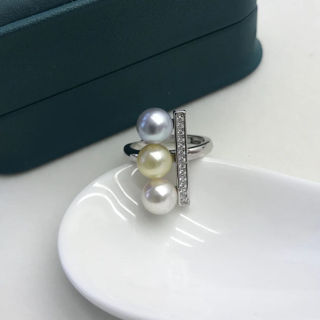 海水akoya真多麻羽黄金多珠平衡木戒指S925糖果色7-8mm