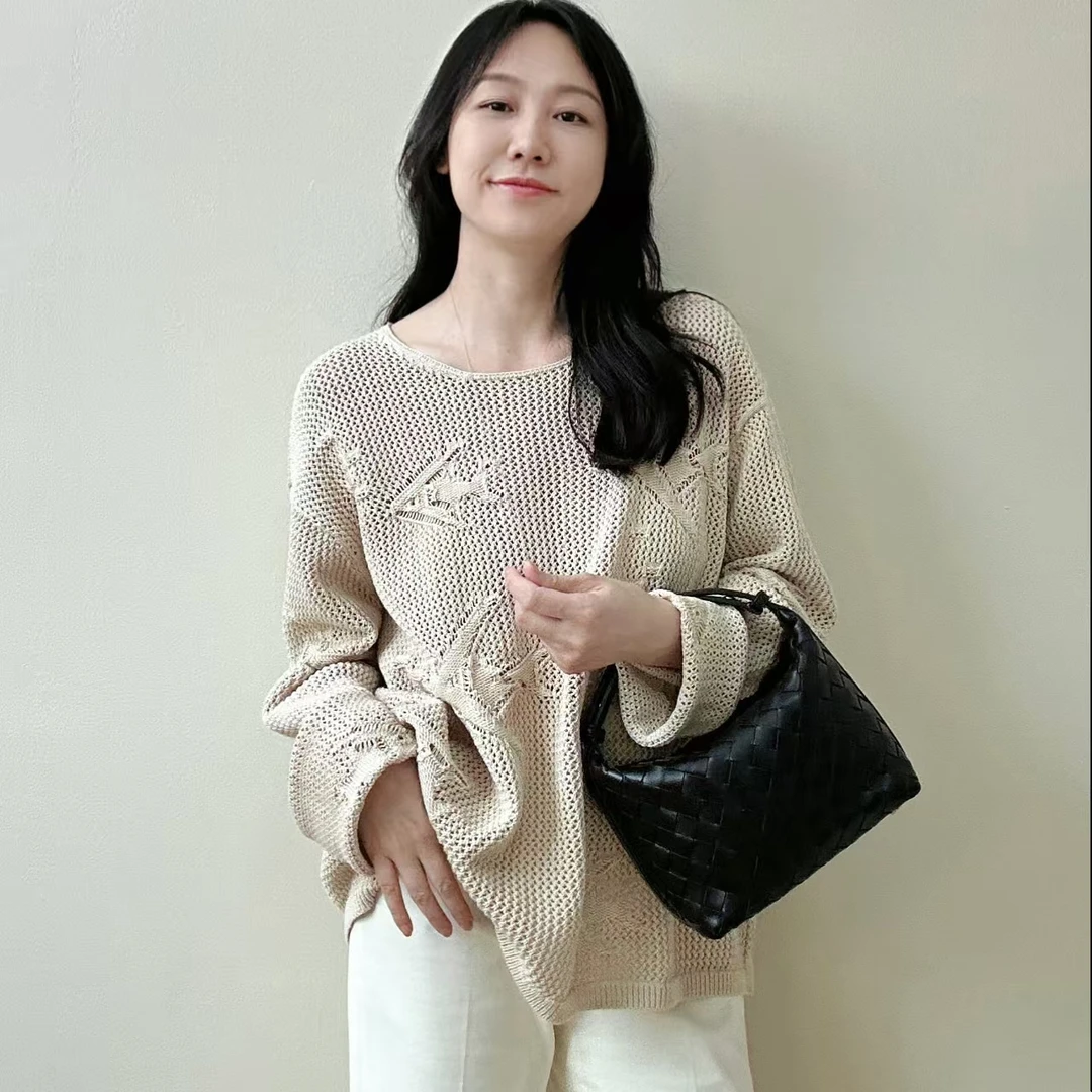 FERCOO初秋气质款小鱼圆领套头提花镂空宽松全棉针织长袖衫
