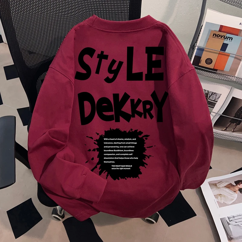 Dekkry潮流酒红色纯棉长袖t恤男女秋冬个性字母印花圆领情侣上衣