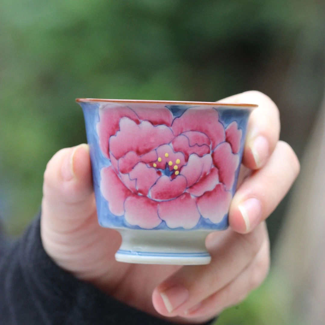 亘古青花斗彩牡丹花主人杯茶具手绘茶杯泡茶品茗陶瓷家用杯子水杯