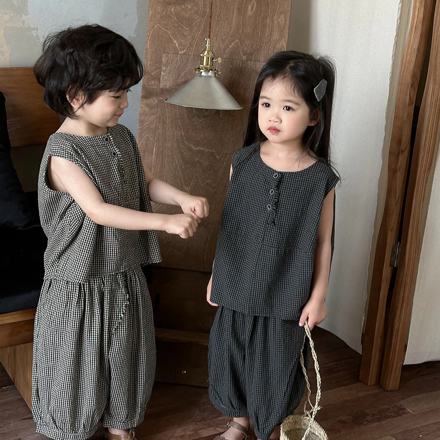 MK&UR.BV森系男女童格子无袖背心夏季洋气儿童宝宝薄款灯笼裤两件