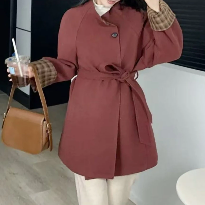 2024秋冬新款高级感毛呢风衣夹棉时尚格子大衣外套显瘦9118长73