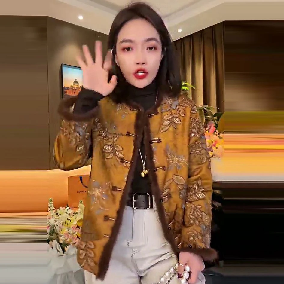 初冬新款新中式国风复古提花毛毛棉服外套减龄显瘦高级气质女神范